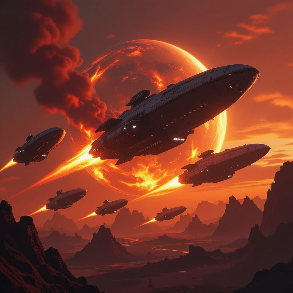 Giant Spaceships Flee Burning Planet in Cinematic Matte Pain...