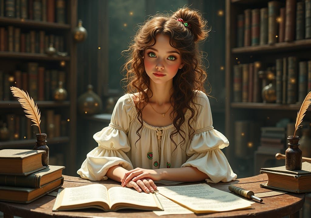 Whimsical Woman in Magical Study, Digital Illustration