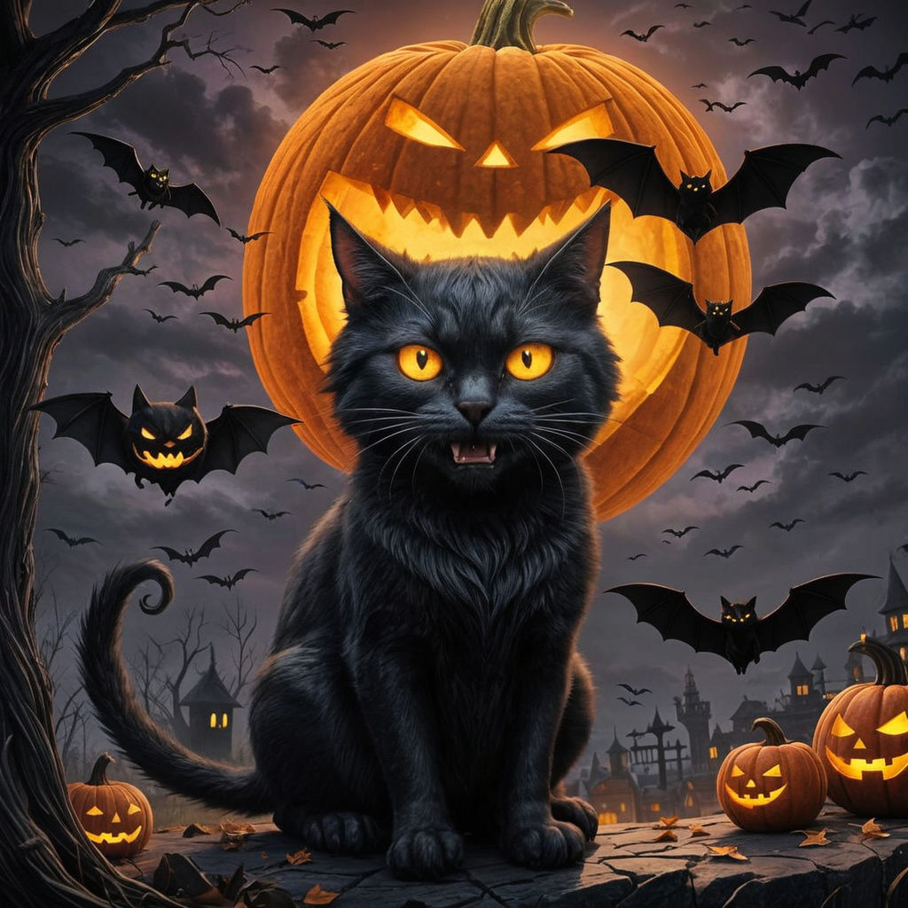 Scary Jack-o-Lantern With Black Cat and Flying Bat