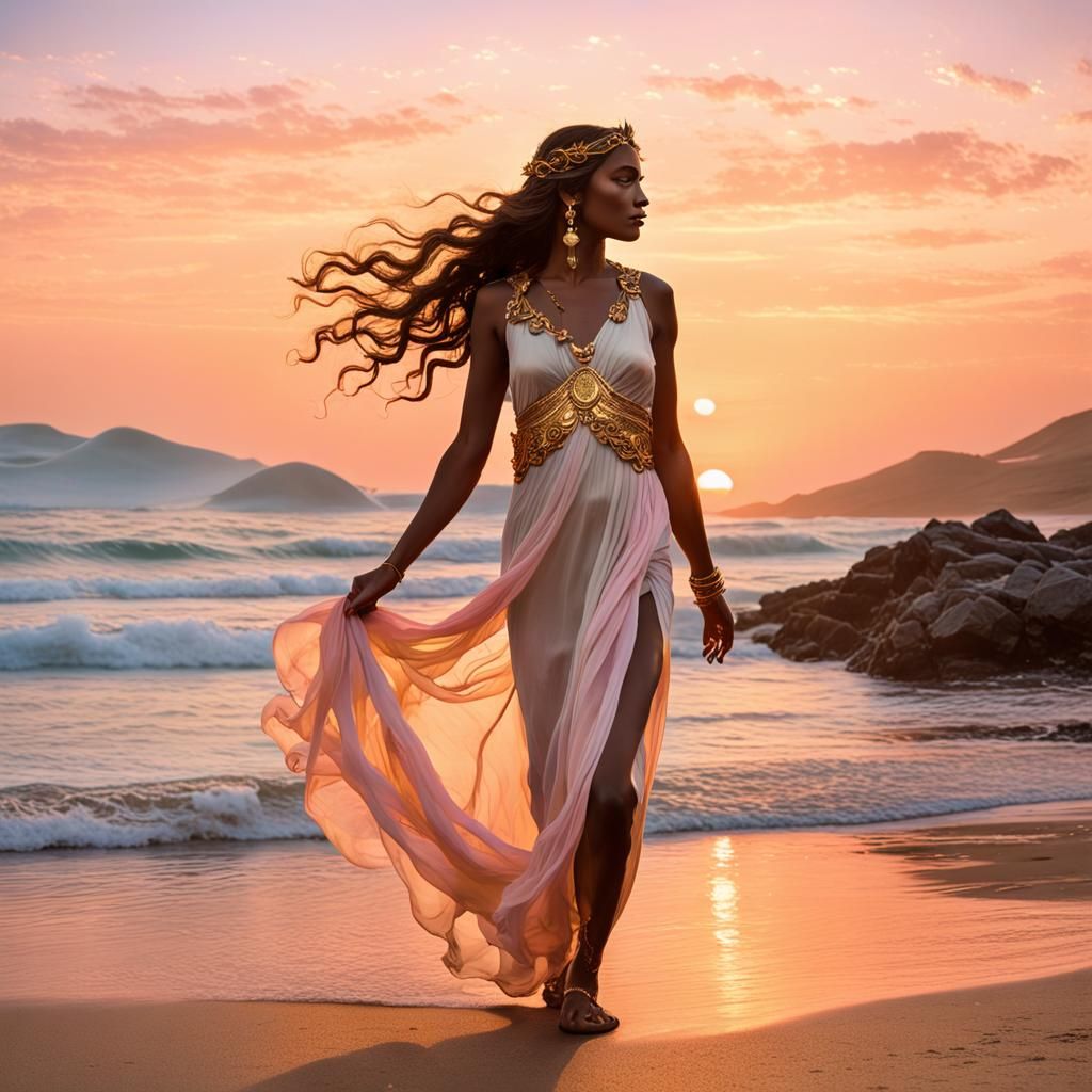 Hera on a Sunset Beach as a Classic Painting