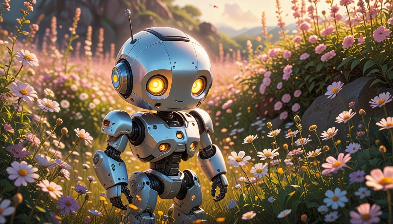 Cute Robot in Flower Field: Kawaii Anime Art