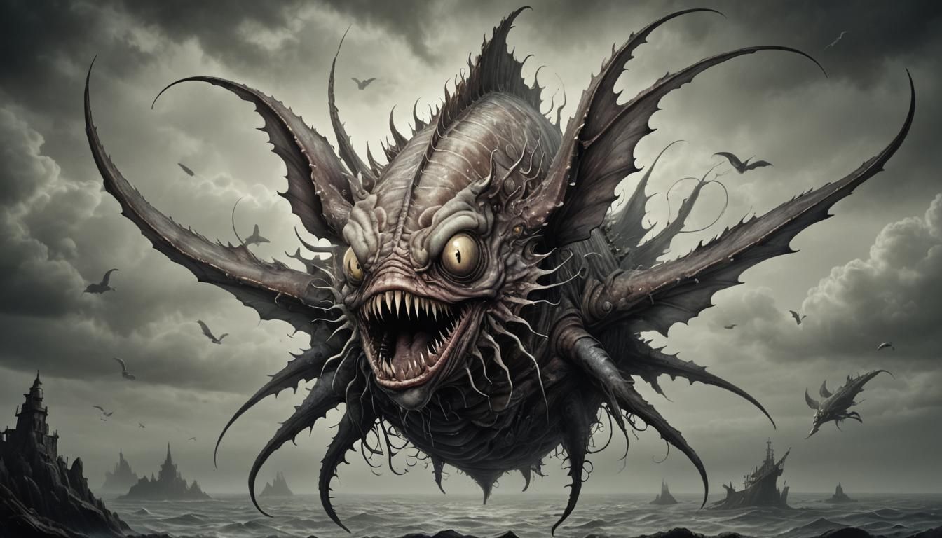 Eerie Flying Monkfish in Tim Burton Style