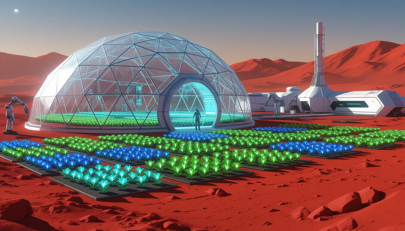 Bioluminescent Martian Greenhouse in Futuristic Biodome