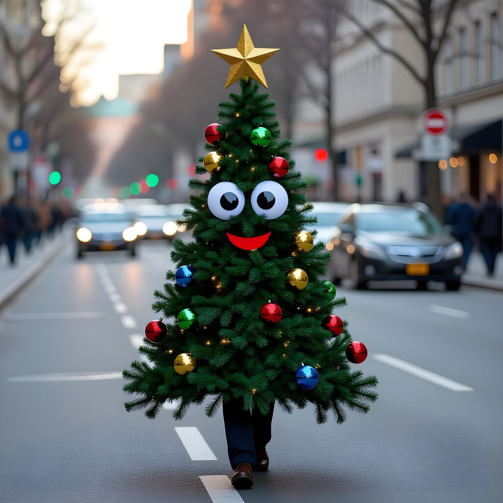 Googly Eyed Christmas Tree Walking Down the Street