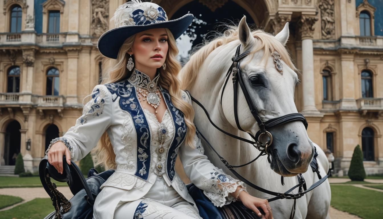 Hyperrealistic Portrait of Woman on Horse in Palace