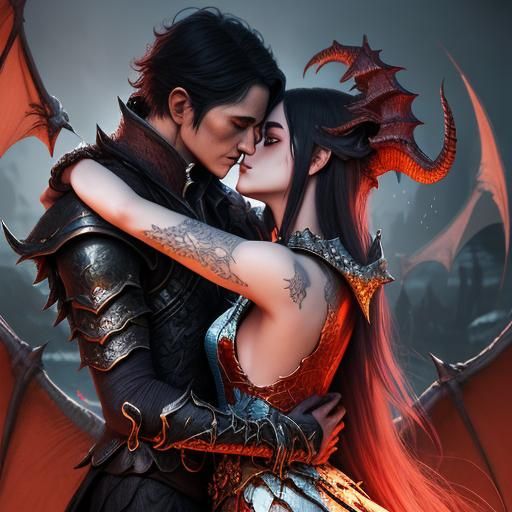Romantic Demon Prince and Dragon Goddess Fantasy Art