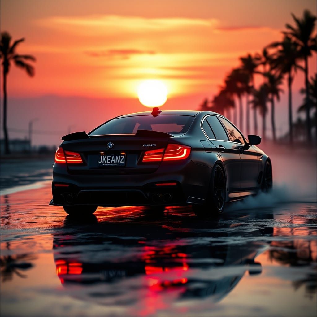 Black BMW M5 on Beach at Sunset: Cinematic Style
