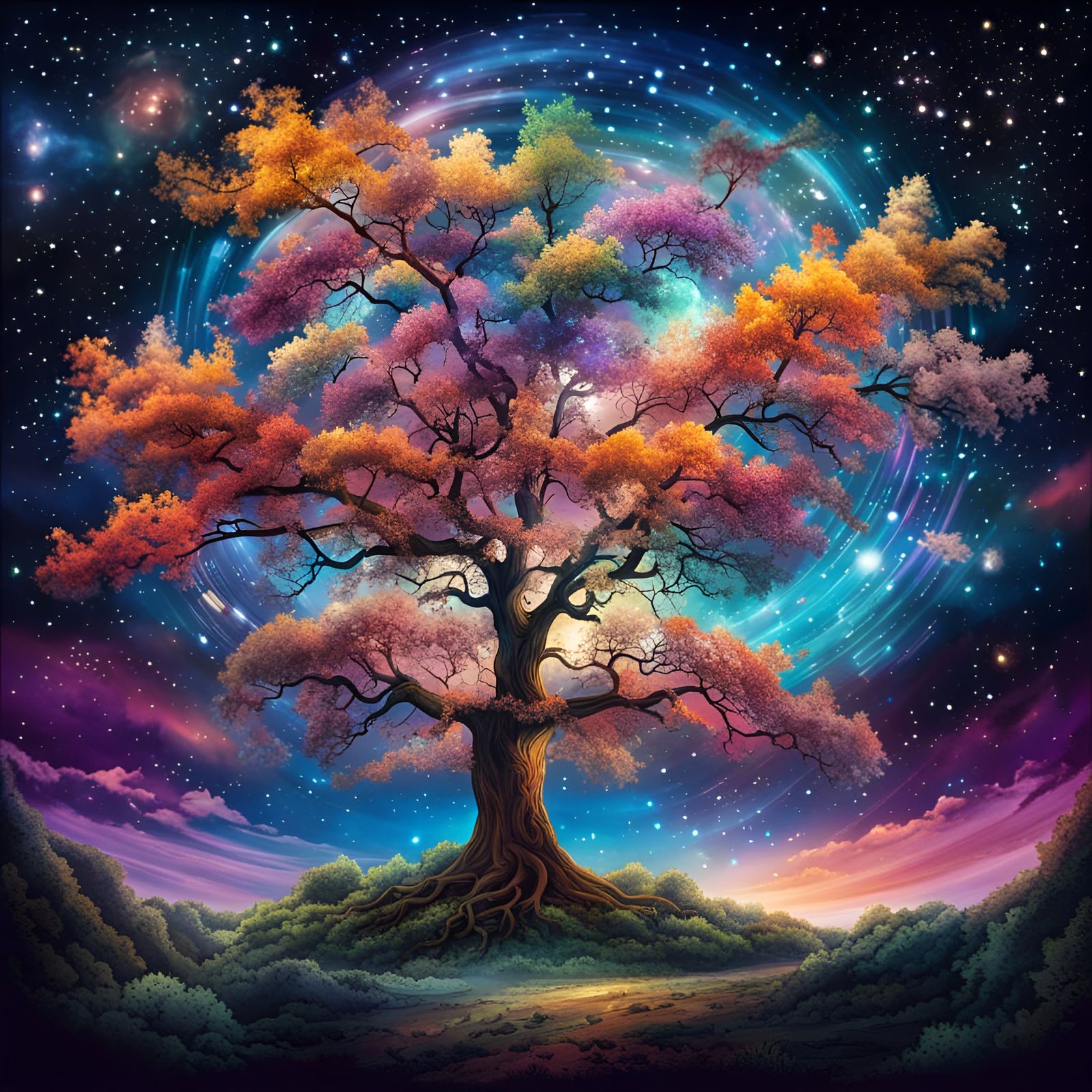 Rainbow Cloud Oak Tree on Star Nebula