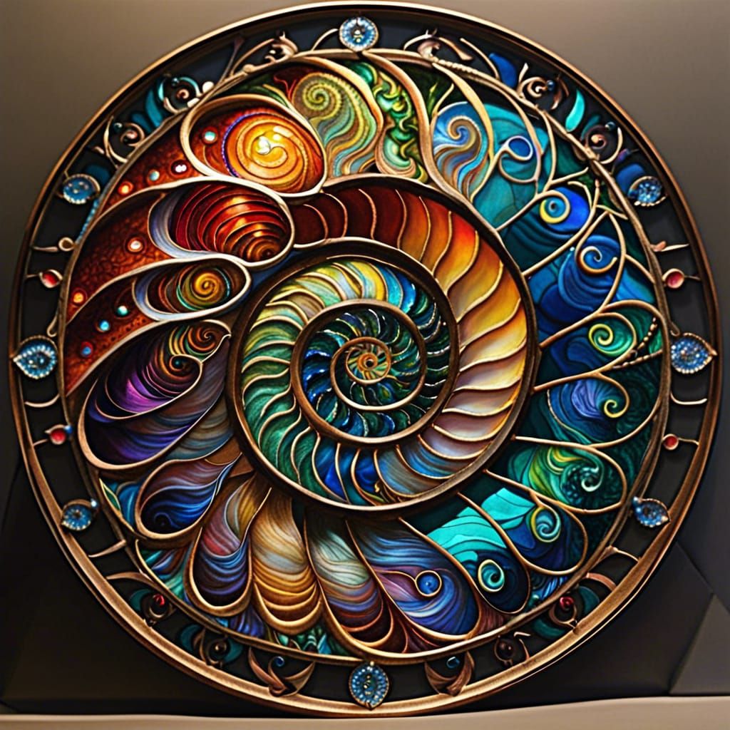 Stained glass nautilus shell mandala