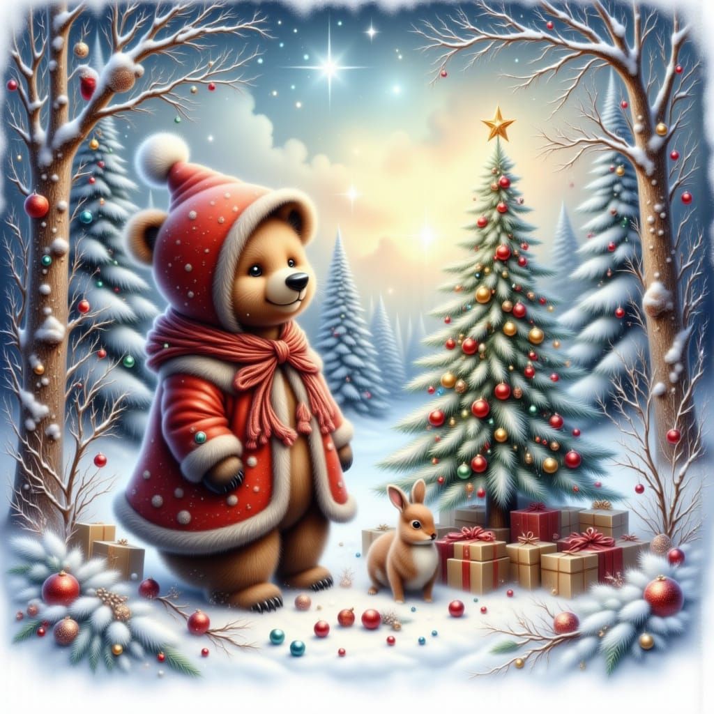 Bear in Christmas Cloak by Snowy Tree with Friends