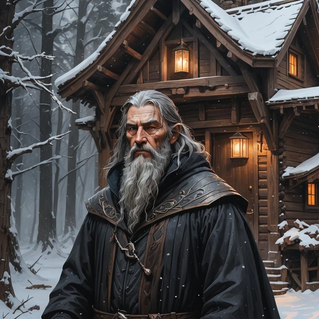 Dark Wizard Portrait in Wood Cabin
