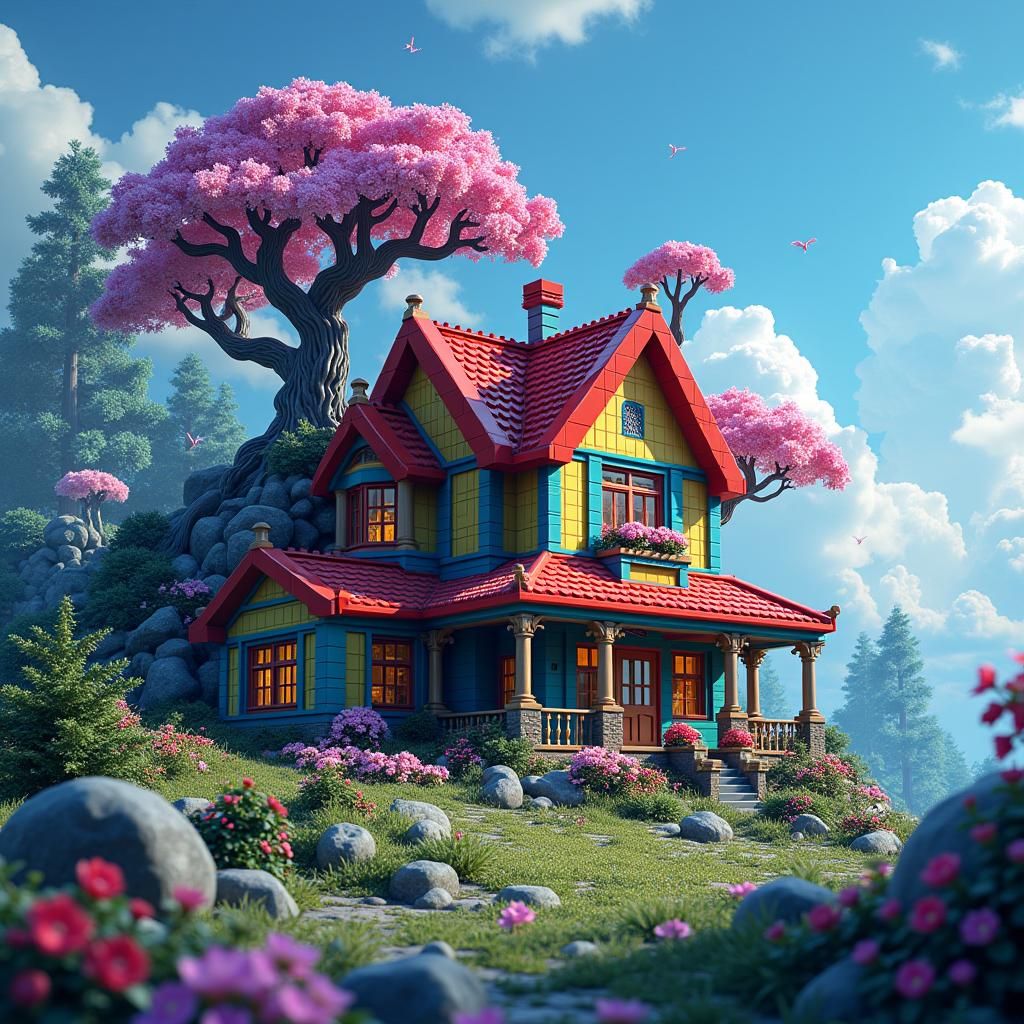 Lego House in Iridescent Landscape, Matte Painting