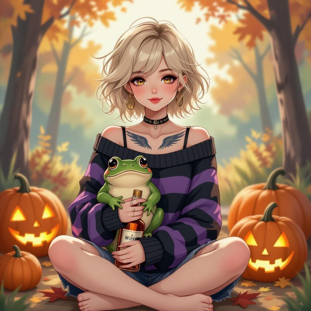 Emo Woman Holding Frog with Halloween Pumpkins