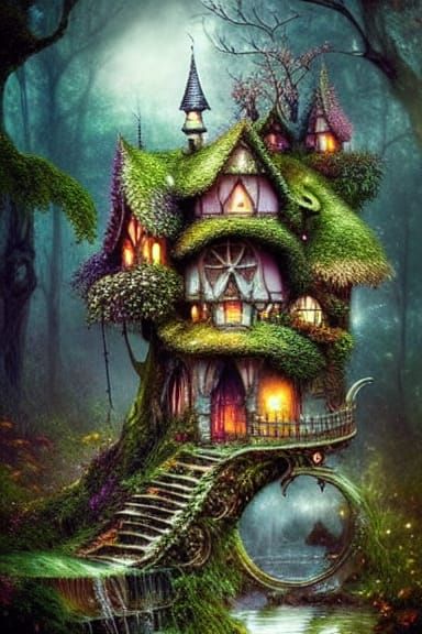 Whimsical Fairy Village Digital Matte Painting