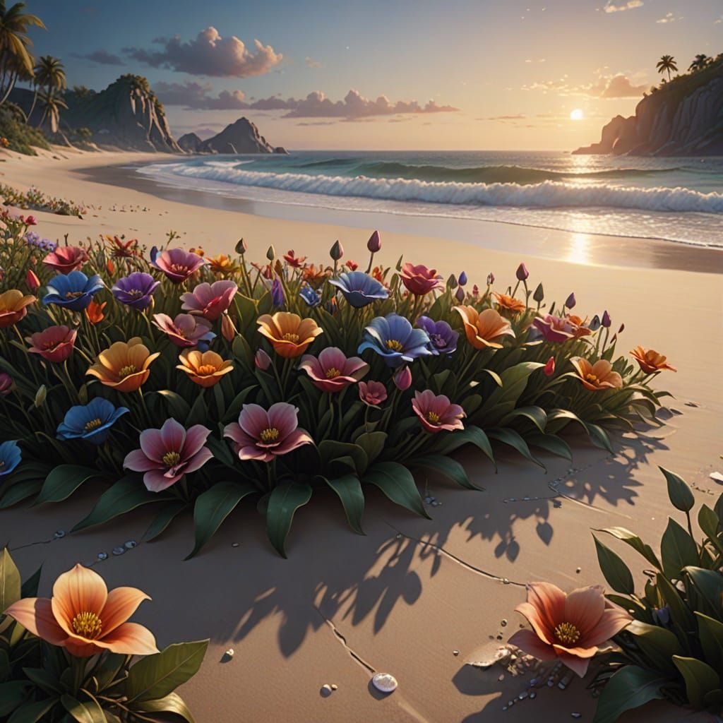 Vibrant Fantasy Flowers on Twilight Beach