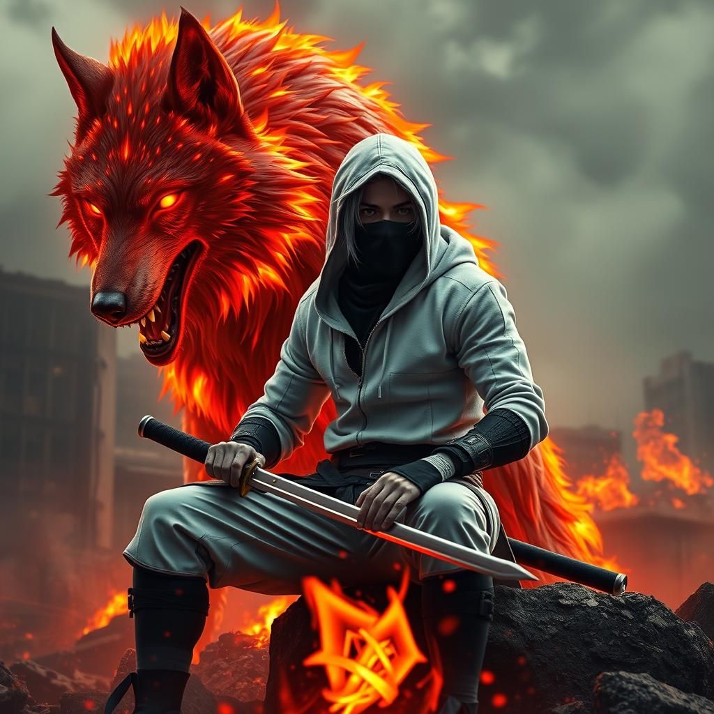 Fiery Wolf and Warrior in Post-Apocalyptic Wasteland