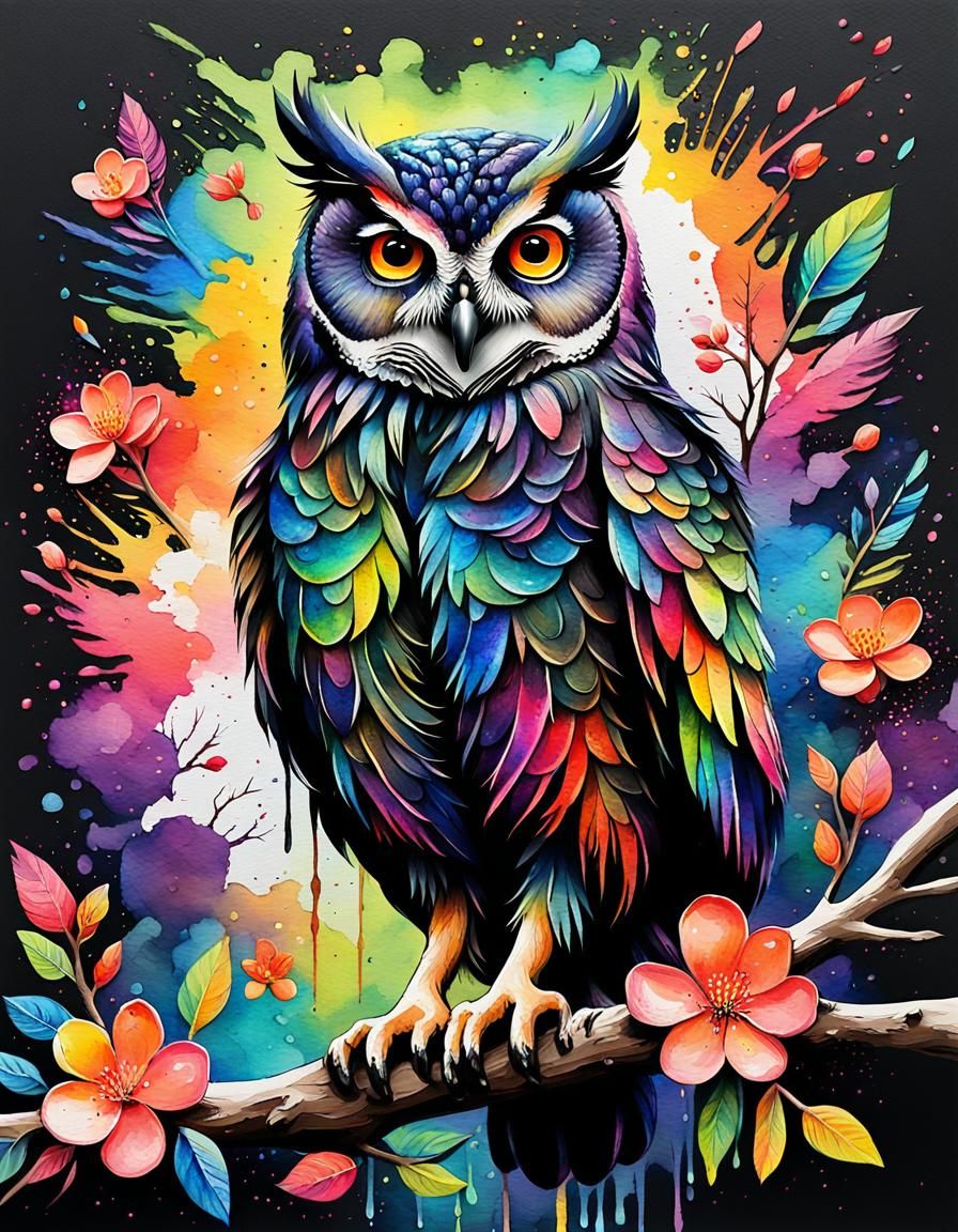 Neon Watercolor Owl with Blossoms in Gouache Style