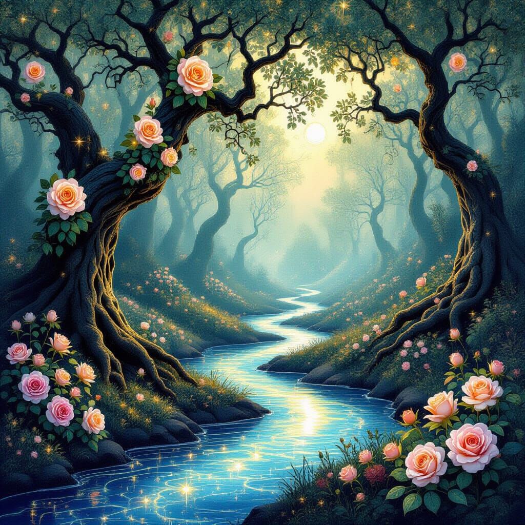 Ethereal Stardust Forest with Glowing Roses
