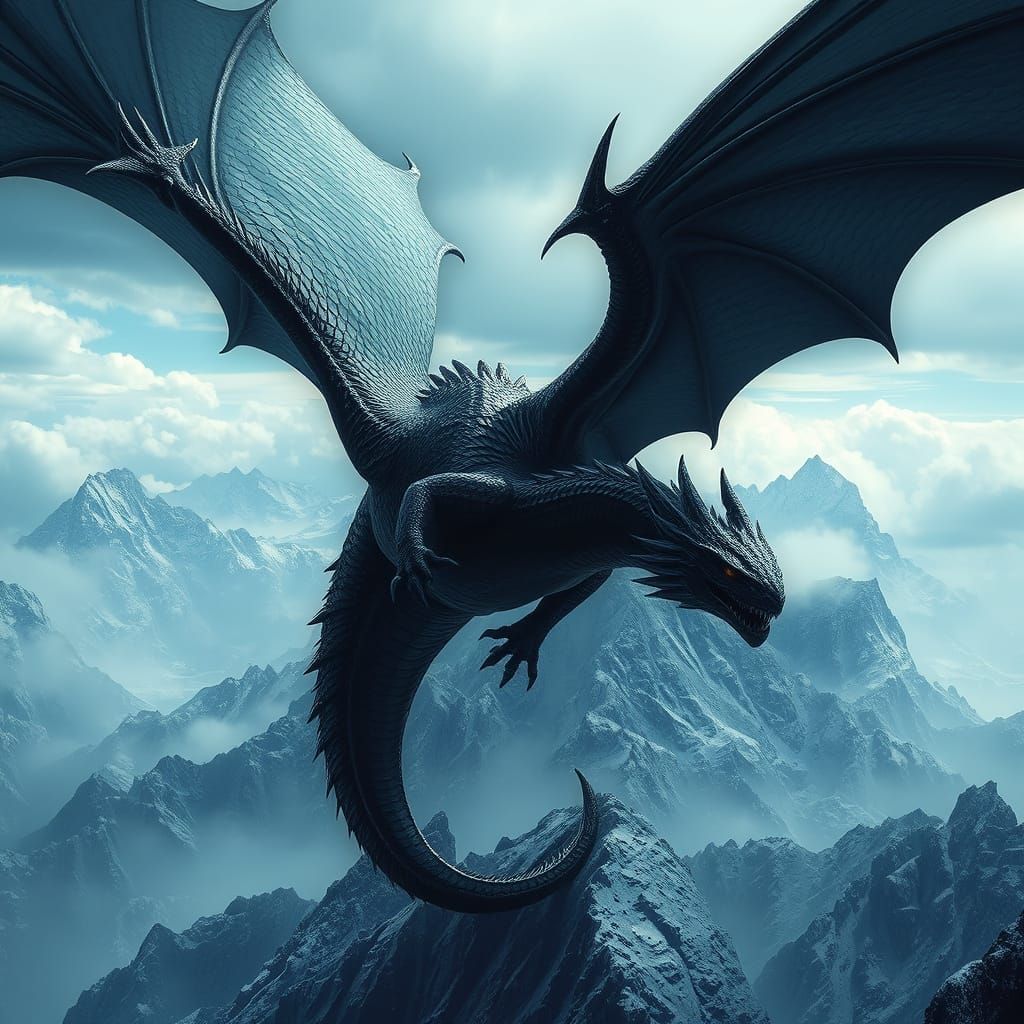 Ethereal Dark Fantasy Dragon Soars Over Snowy Peaks