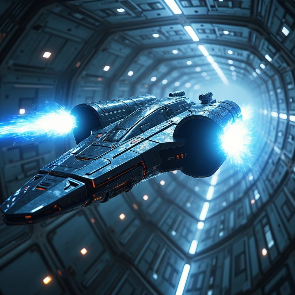 Cyberpunk Spaceship Blasts Through Futuristic Maze in Neon-L...