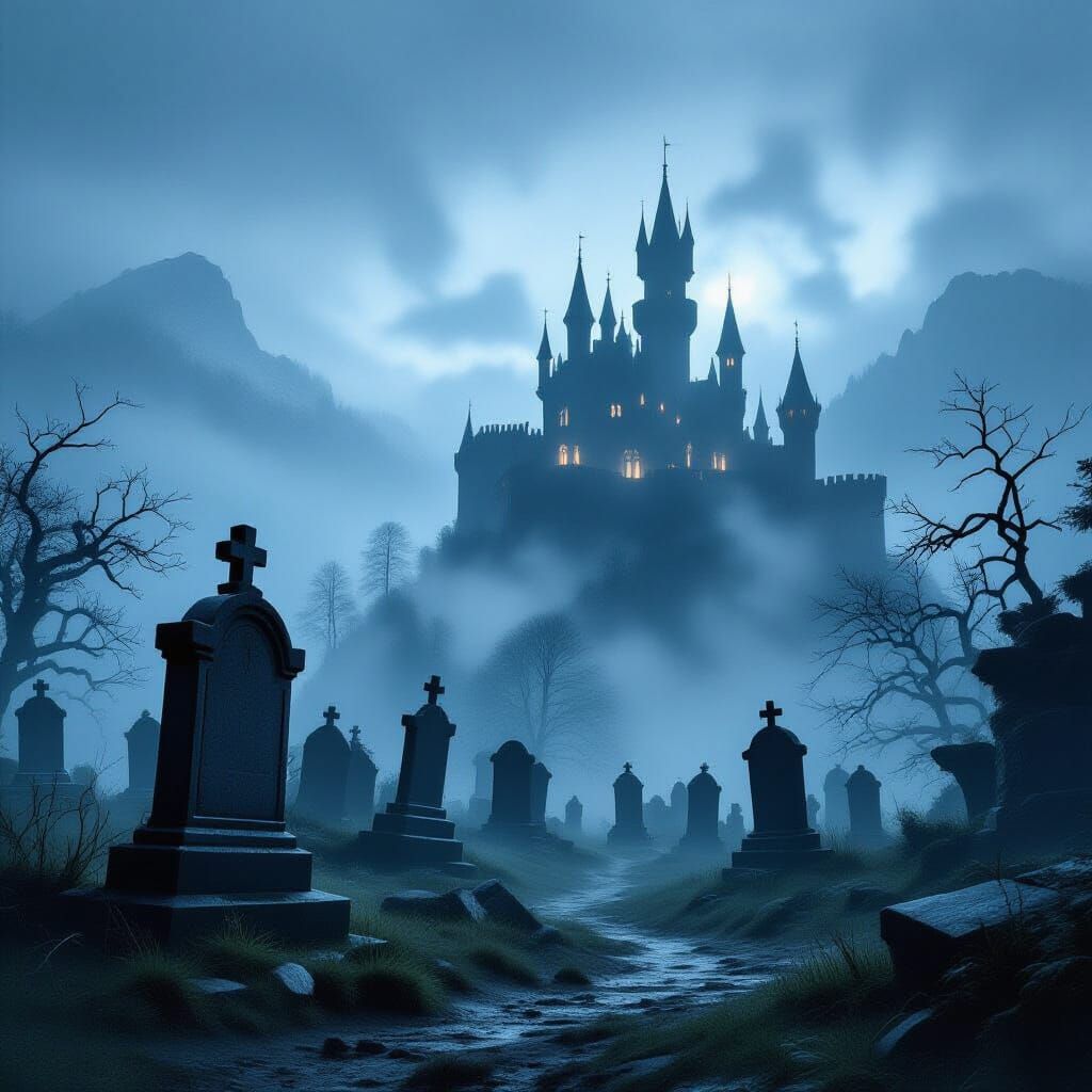 Spooky Castle and Cemetery in Foggy Night