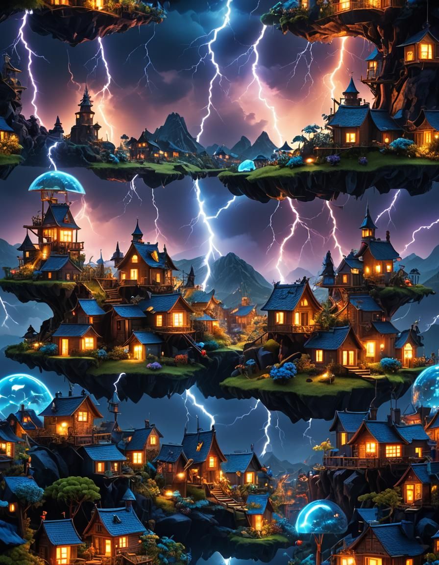Neon Lightning Over Enchanted Miniature Village