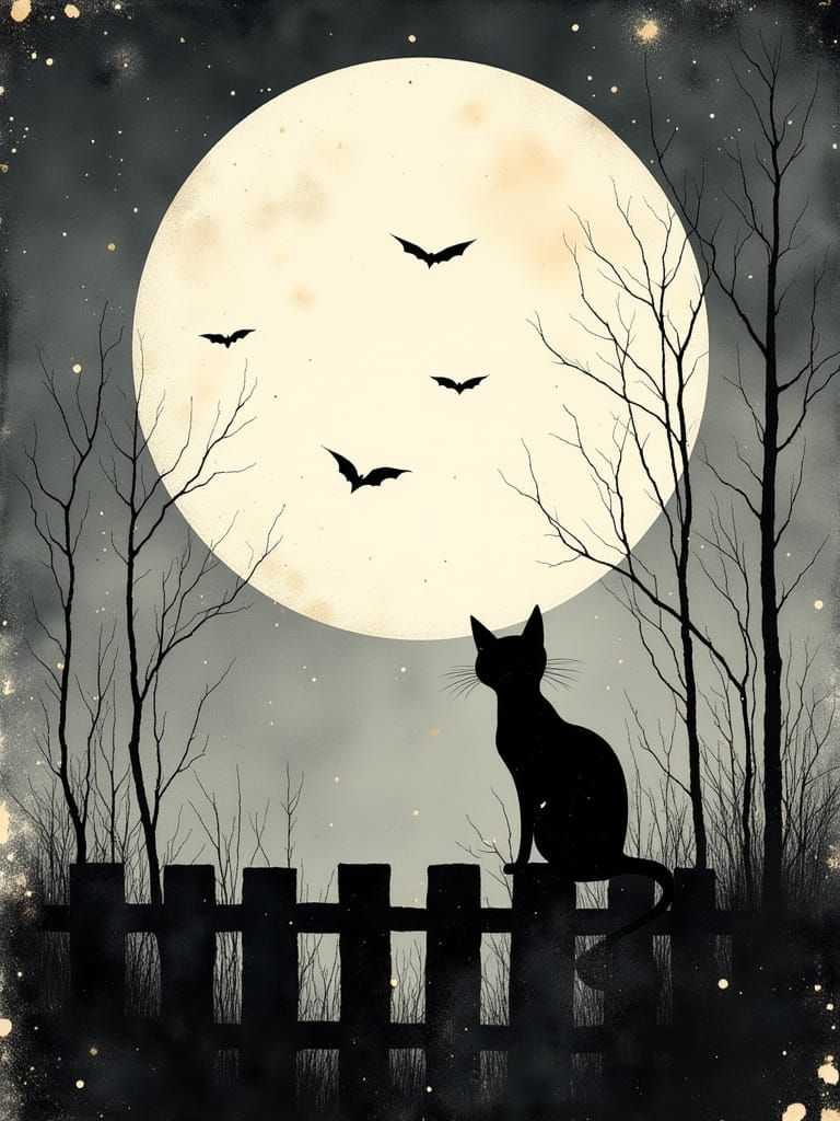 Sleek Halloween Poster: Black Cat, Moon, and Bats