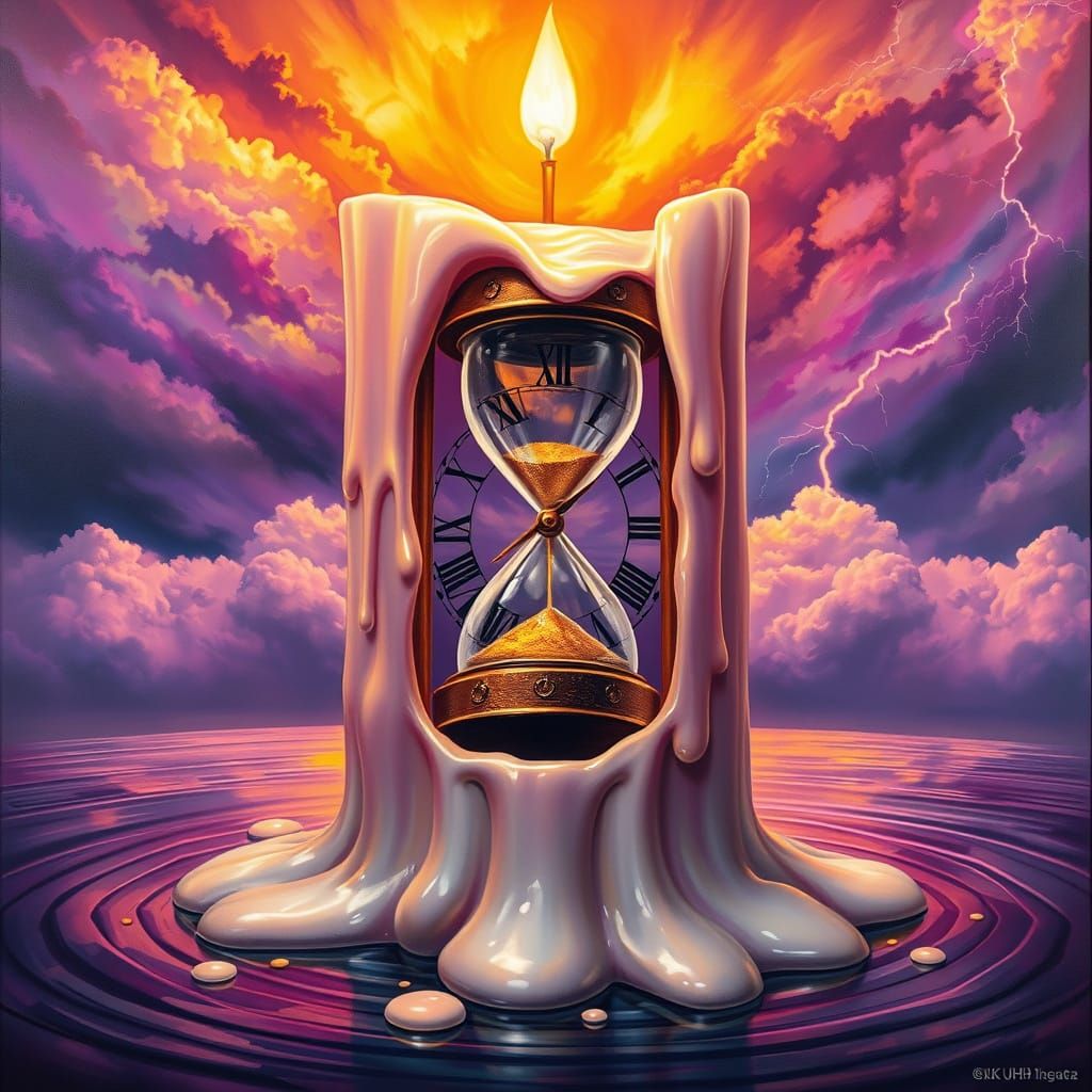 Surreal Melting Candle Reveals Broken Clock in Stormy Sky