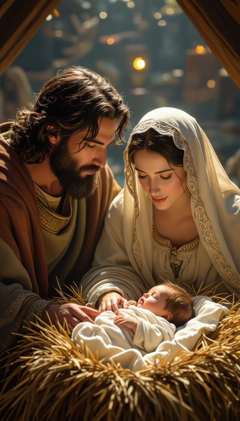Majestic Biblical Scene: Mary, Joseph, and Baby Jesus