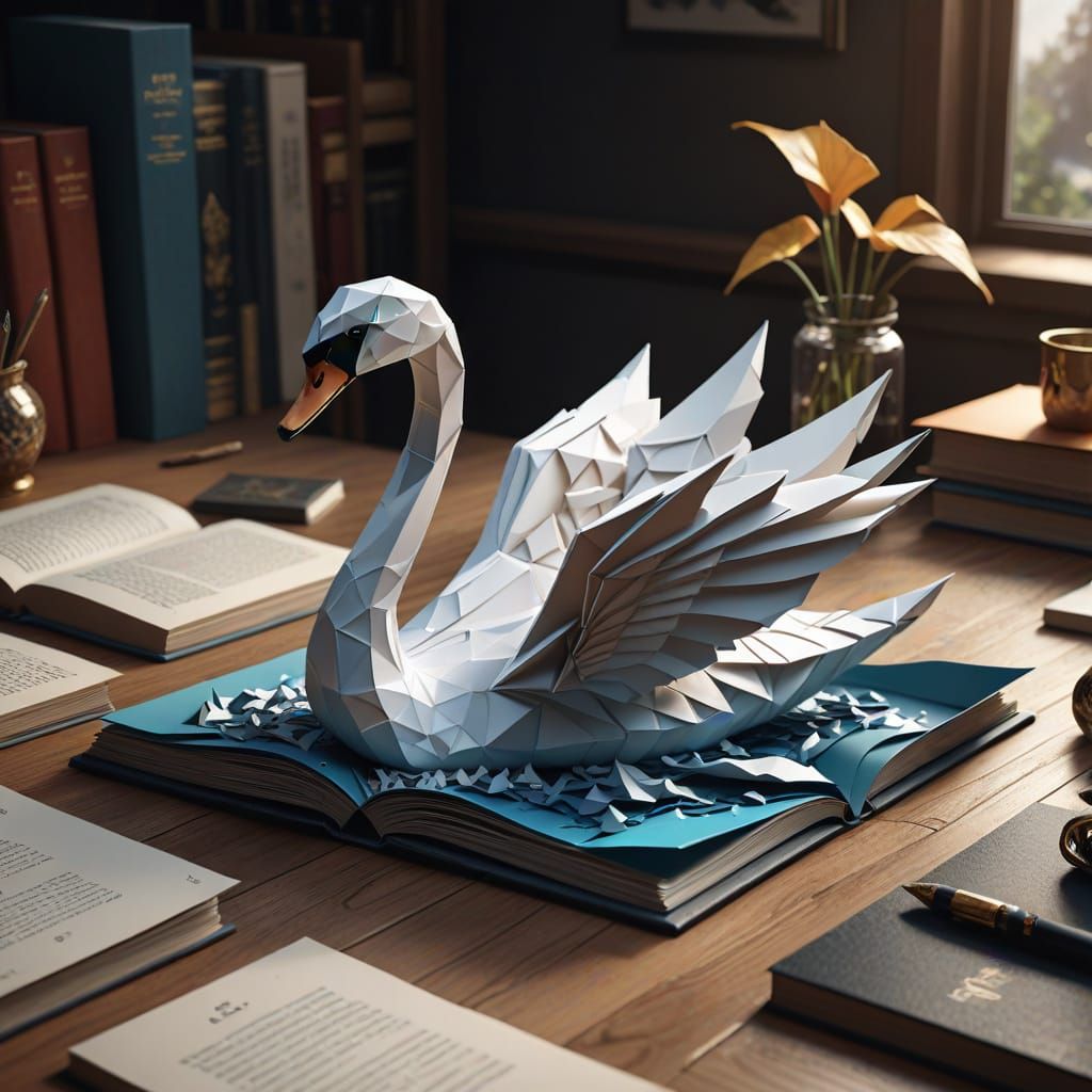 Elegant Origami Swan Made from Paper, Surrounded by Books on...