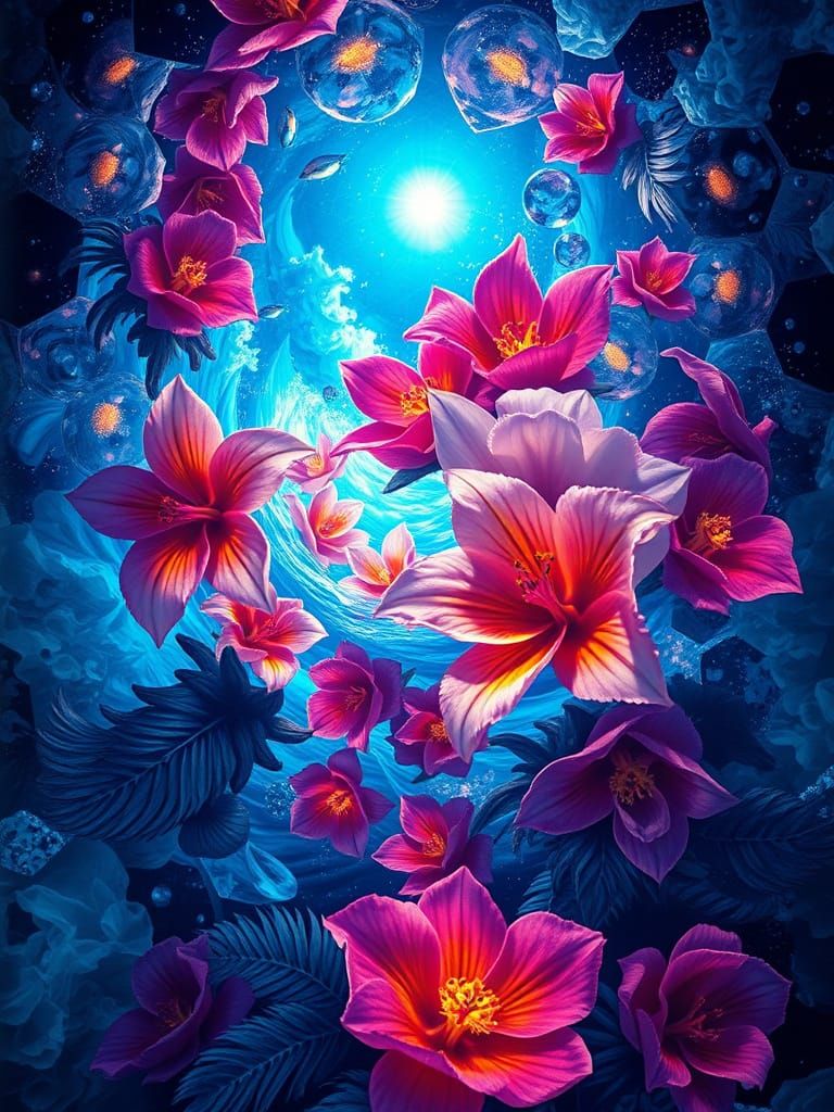 Bioluminescent Floral Spiral in Neon-Lit Ink Art