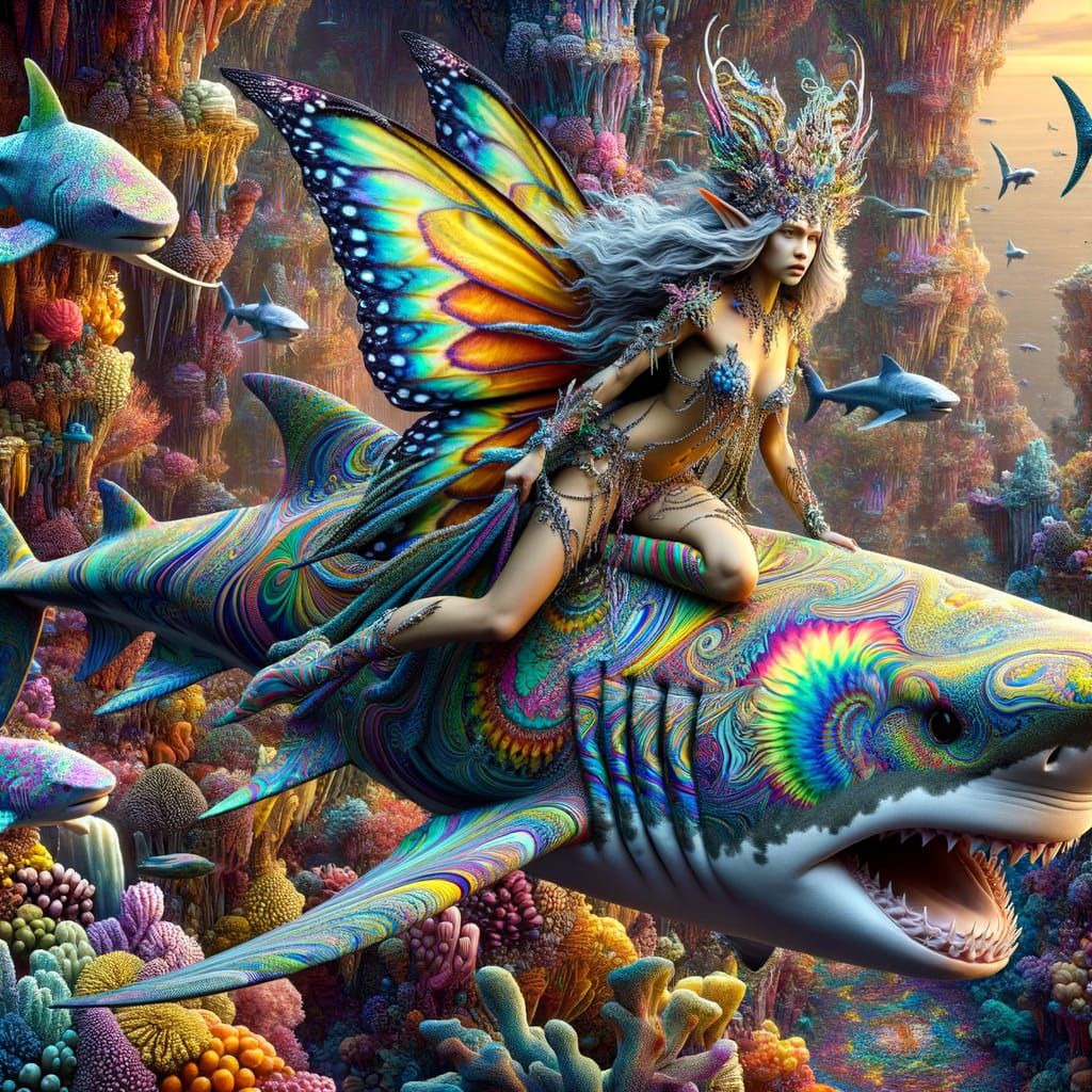 Pixie Elf Goddess Rides Tie-Dye Shark Through Opulent Jewele...