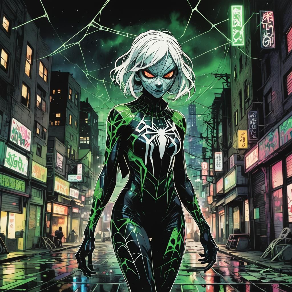 Spider-Gwen in 80s Anime Dark Fantasy Style