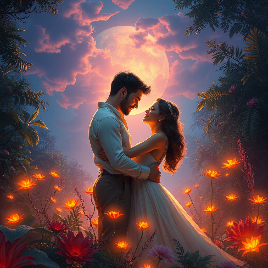 Romantic Embrace in Mystical Glowing Garden