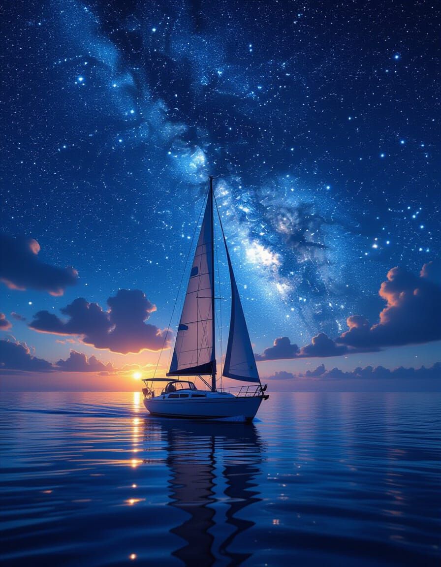 Sailboat Under Starry Sky in Hyperrealistic Style