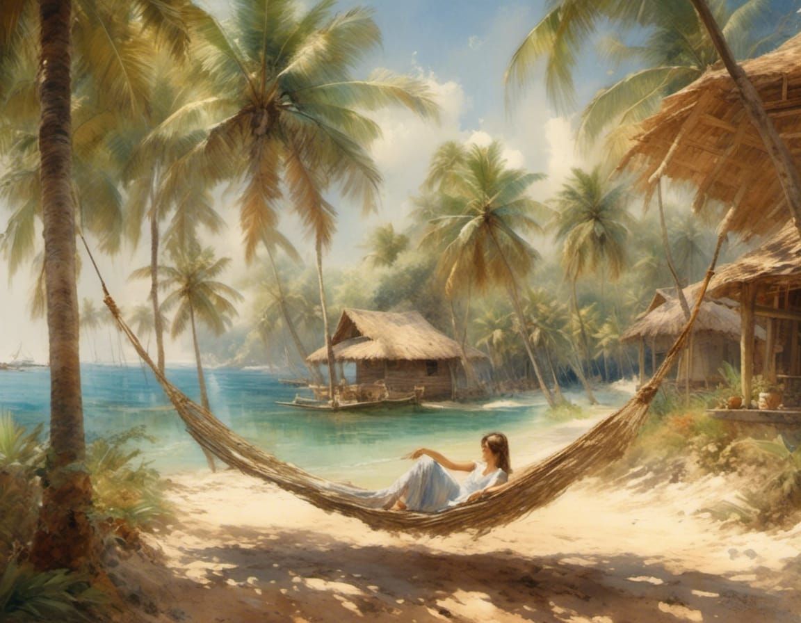 Woman in Hammock on Tropical Beach, Faded Watercolors