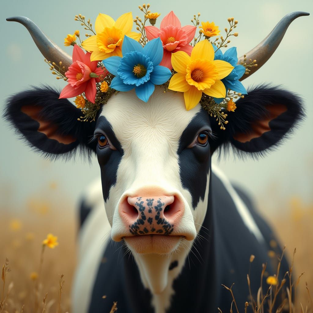 Serene Friesian Cow in Vibrant Floral Headdress