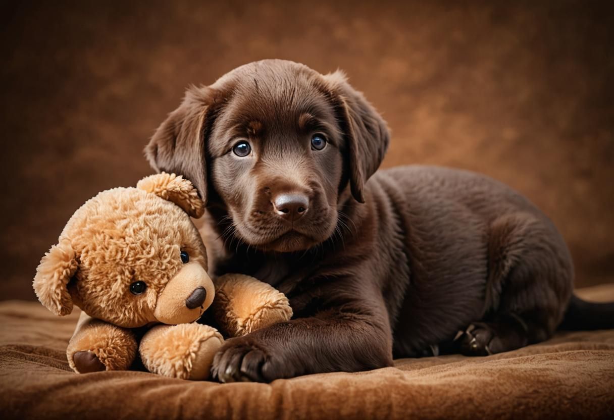 Chocolate Lab Puppy Plays with Teddy Bear