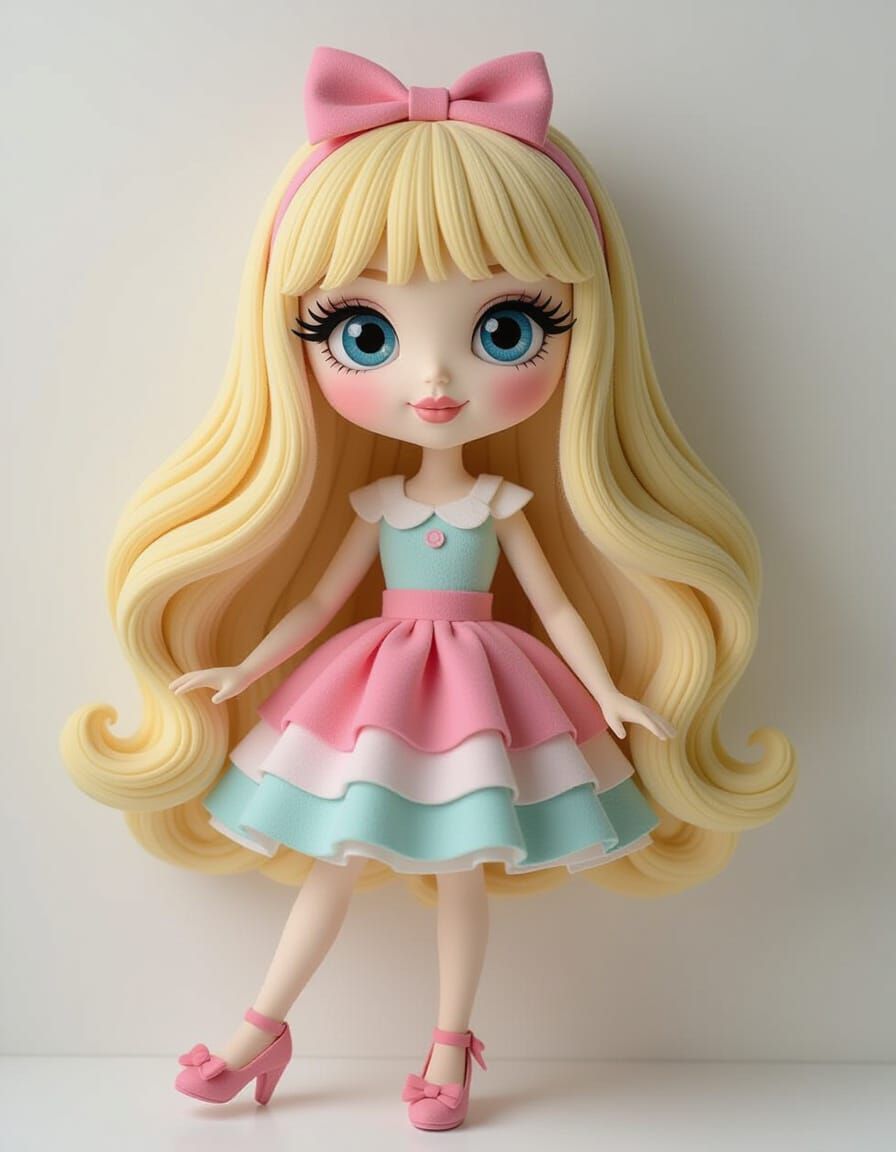 Feltcore Girl Portrait with Blonde Hair and Bow Heels