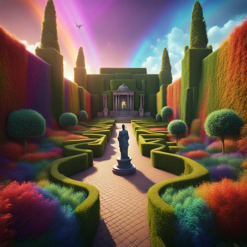 Rainbow Hedge Maze with Central Statue