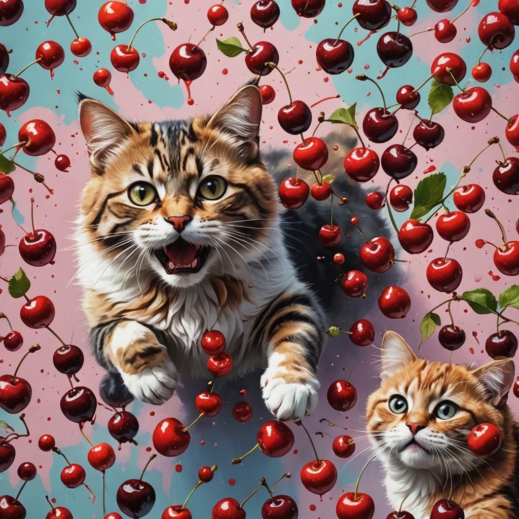 Hyperrealistic Cats and Cherries in Splash Art