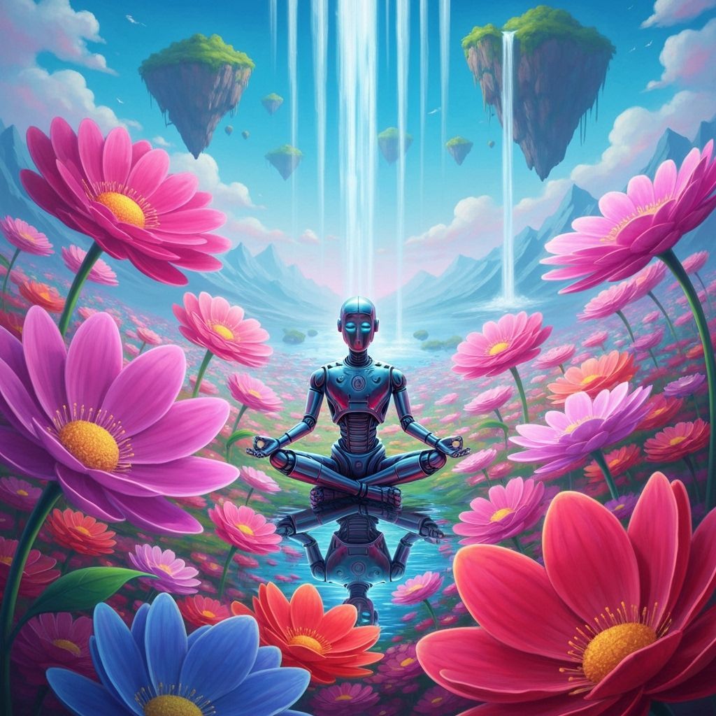 Robot Meditating in Psychedelic Flower Field