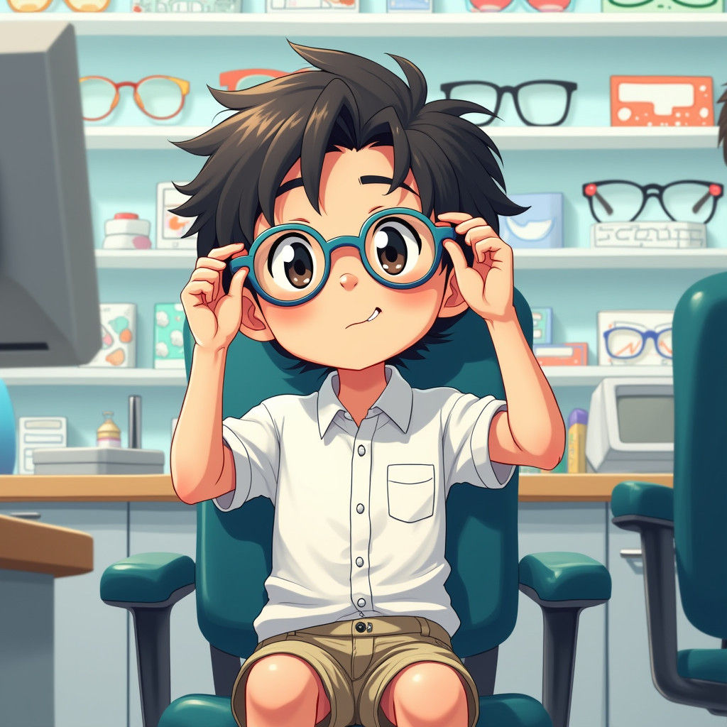 Boy Tries on Glasses in Anime Key Visual Style