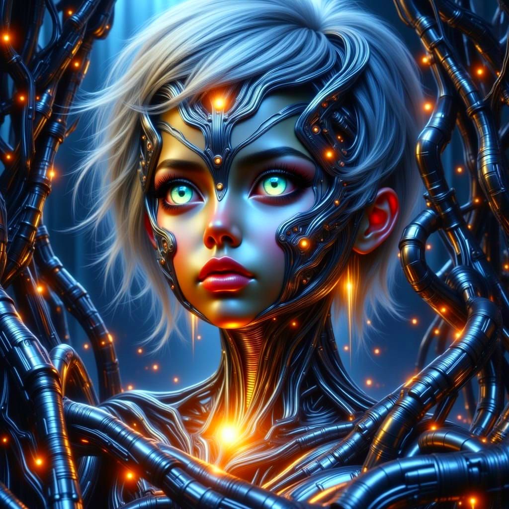 Cyborg Child Awakens in Hyperrealistic Cyberpunk Landscape