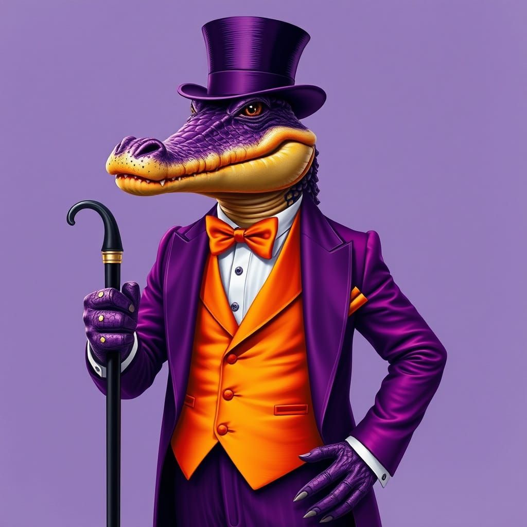 Purple Alligator in Elegant Silk Tuxedo