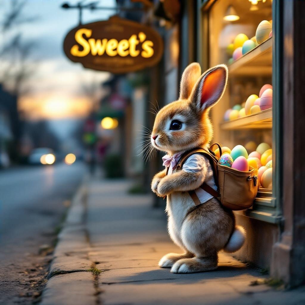 Cute Easter Bunny on Shopping Street at Dusk