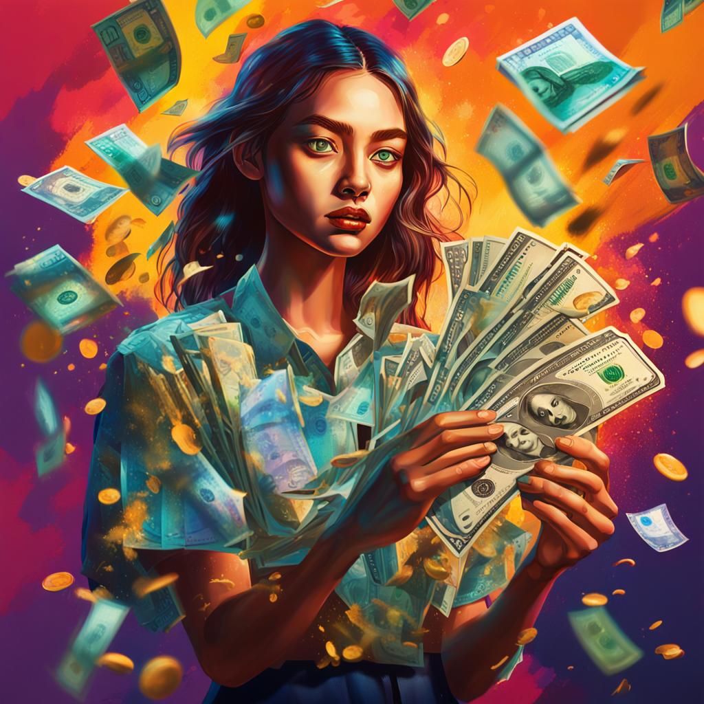Hyperrealistic Splash Art of Girl with Dollars
