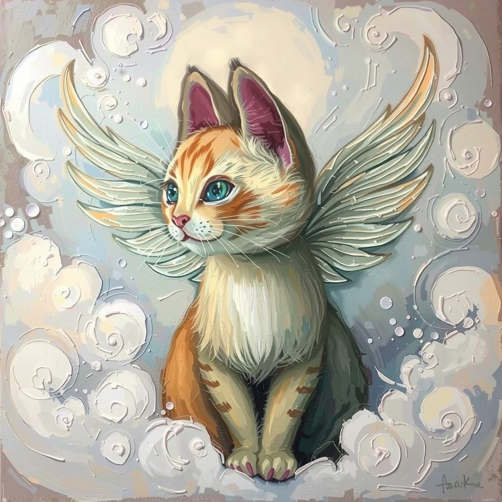 Abstract Angel Cat, Impasto Painting