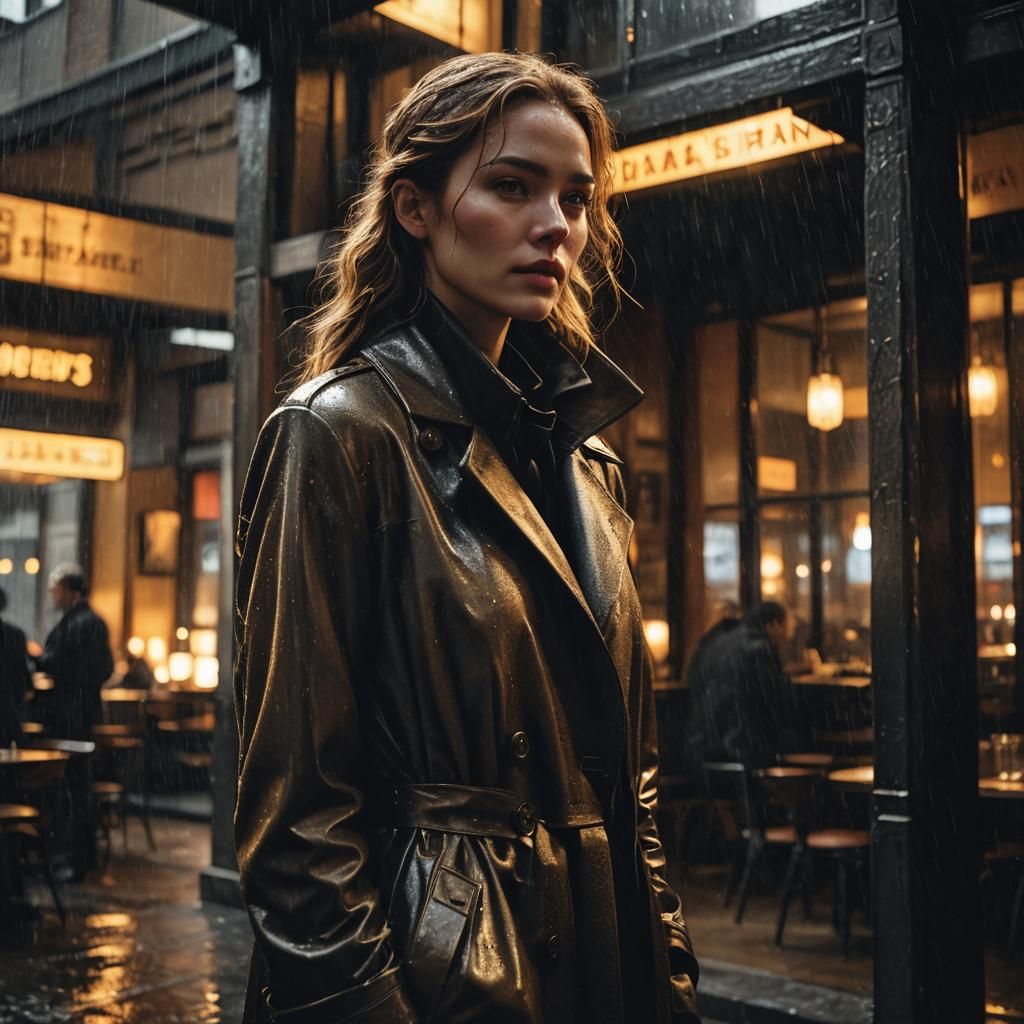 Rain-Soaked Woman in Shadows at Restaurant Entrance