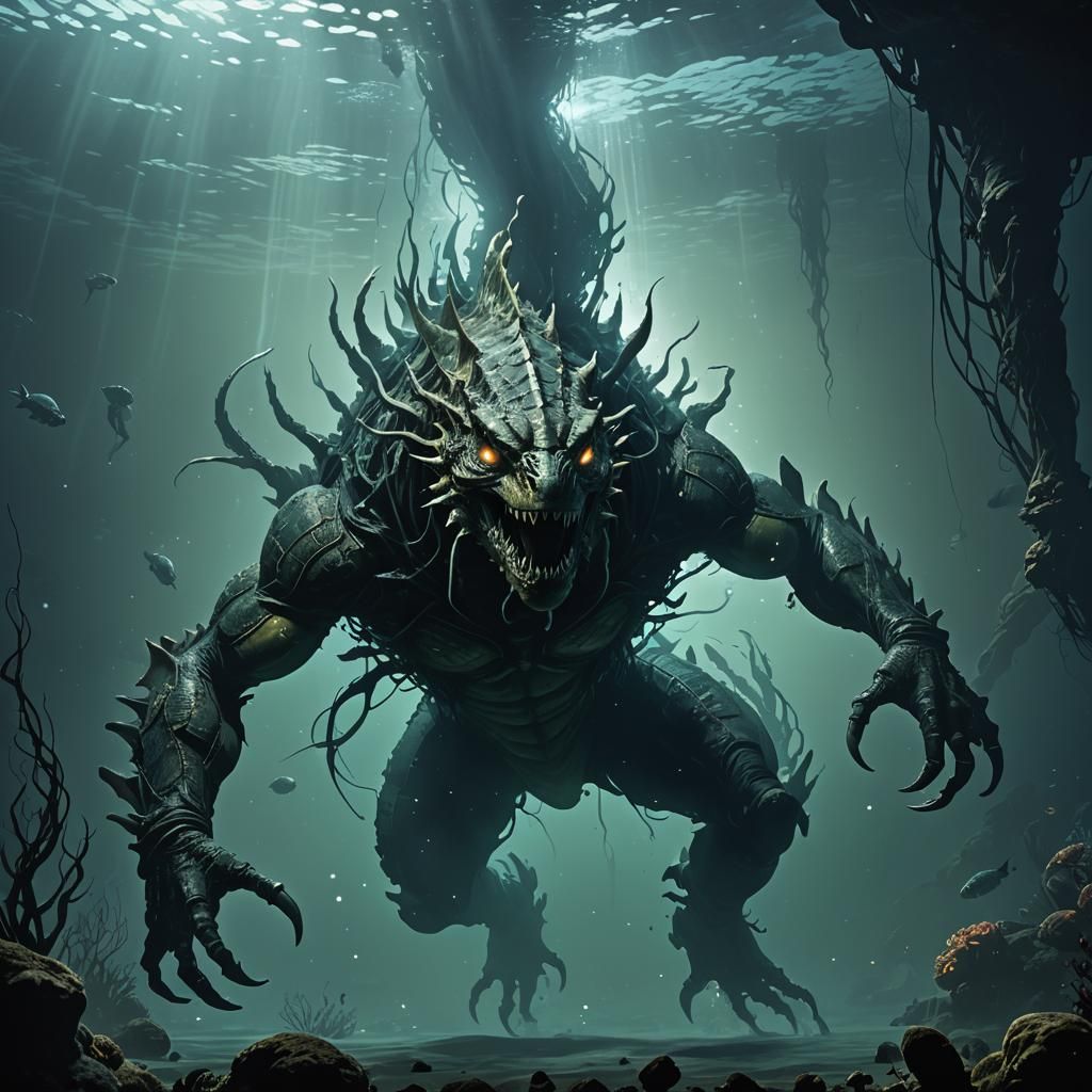 Monstrous Reptilian Creature in Dark Ocean Depths